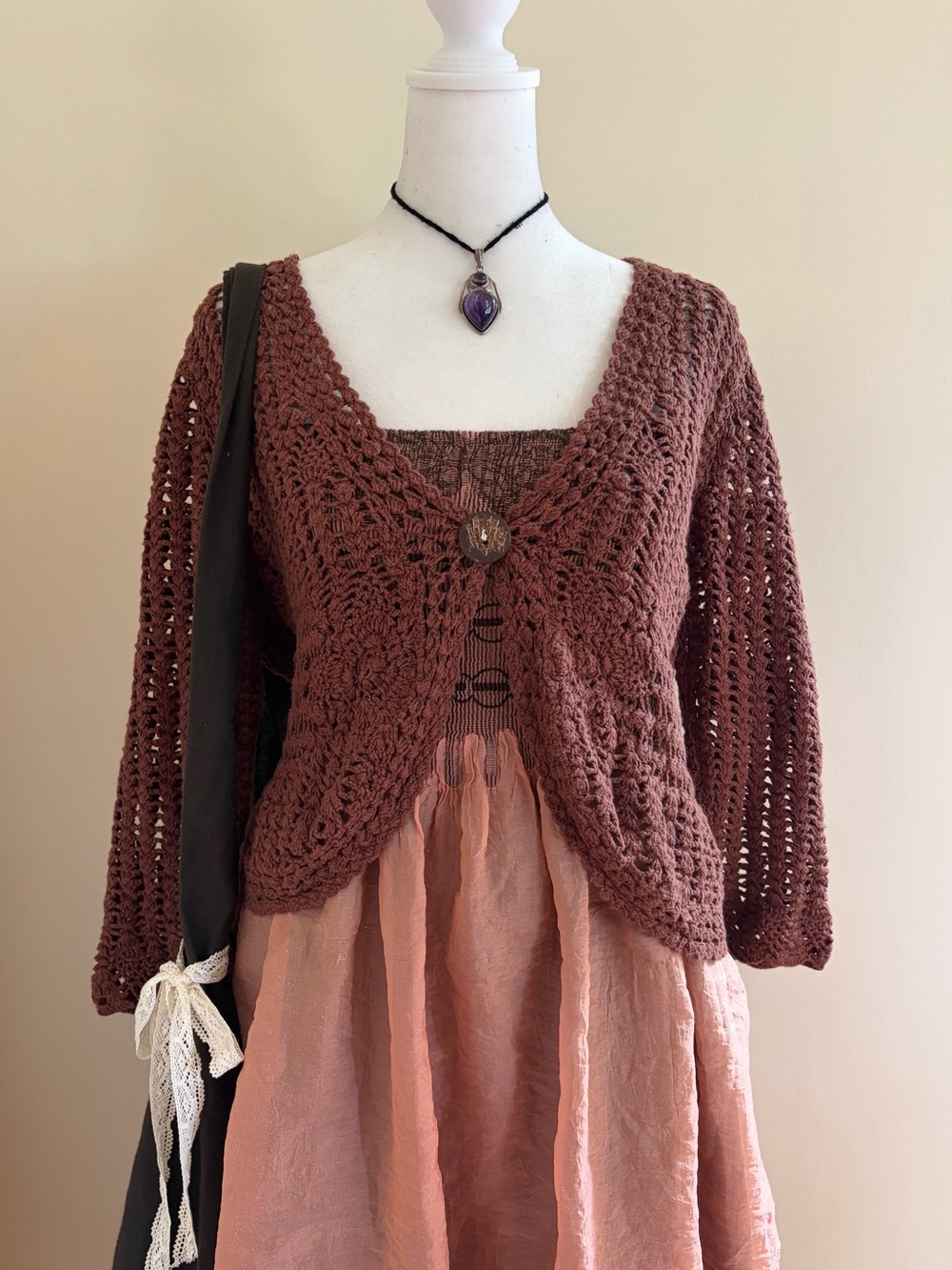 Vintage Y2K floral crochet lace brown sheer knit cardigan fairy boho cottage M/L